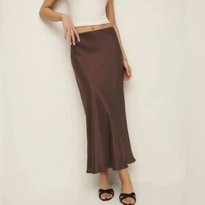 BEST Reformation Layla Silk Midi Skirt - Cafe Brown Chocolate Causal Classic